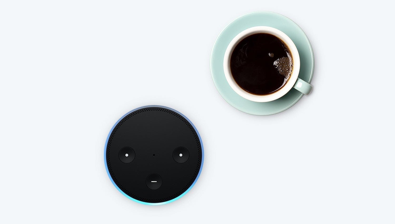 Cup of coffee with a virtual assistant device, representing the impact of AI on our daily routines and home automation systems.